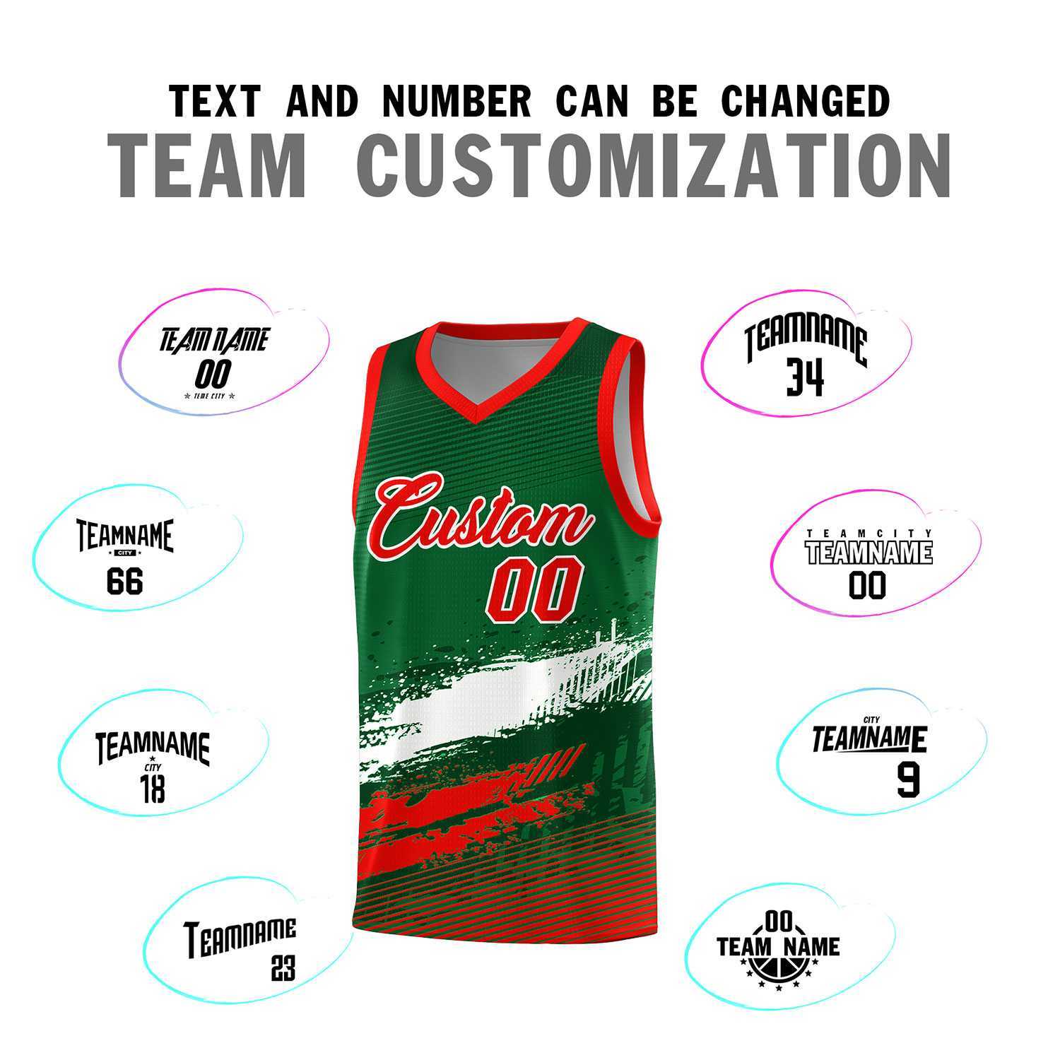 Custom Kelly Green White and Red Graffiti Pattern Sports Uniform Basketball Jersey