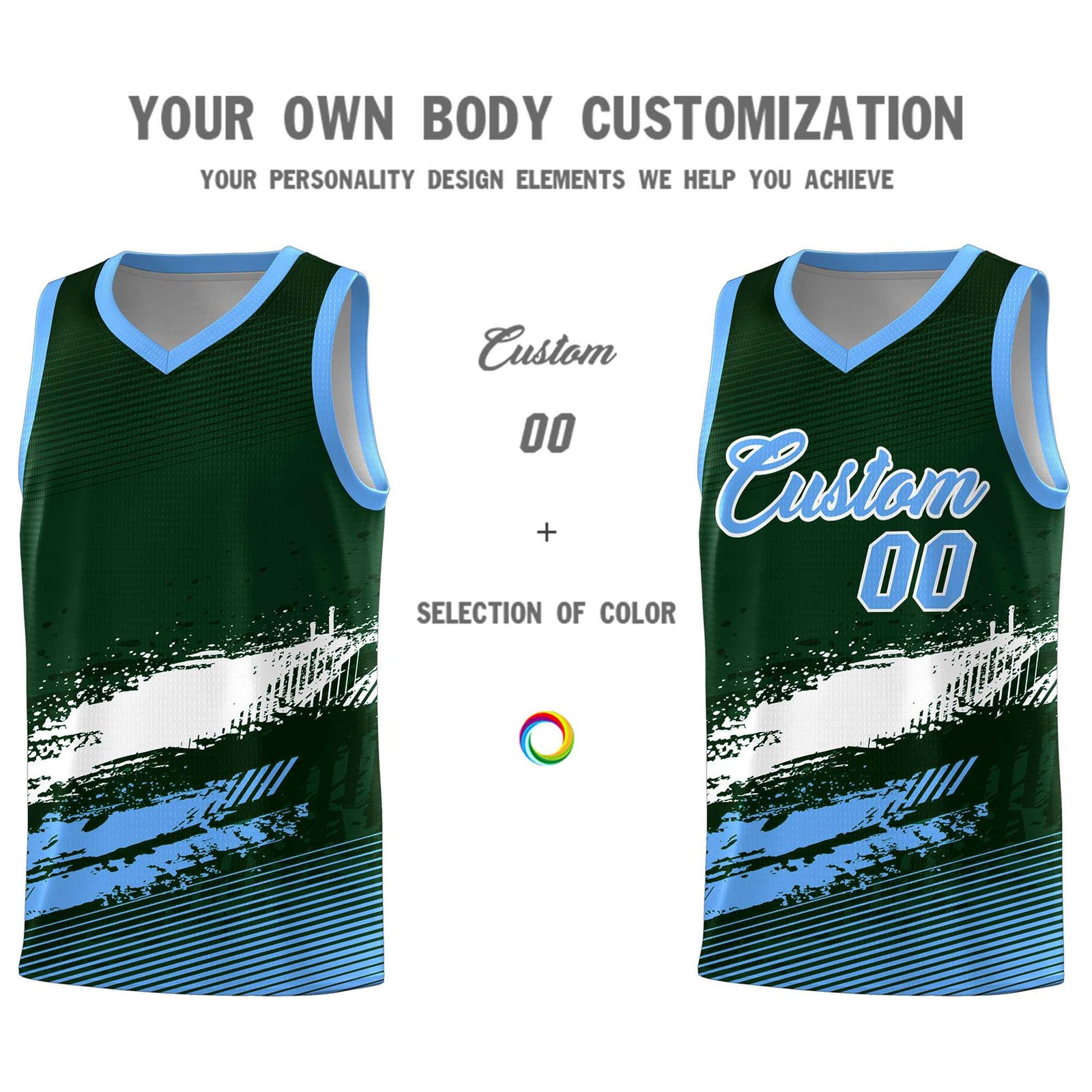 Custom Green White and Powder Blue Graffiti Pattern Sports Uniform Basketball Jersey
