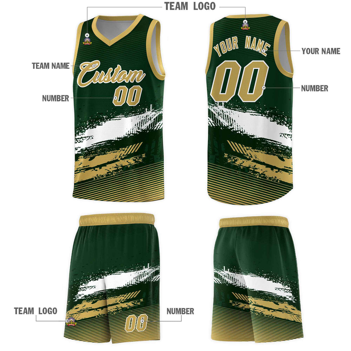 Custom Green White and Khaki Graffiti Pattern Sports Uniform Basketball Jersey
