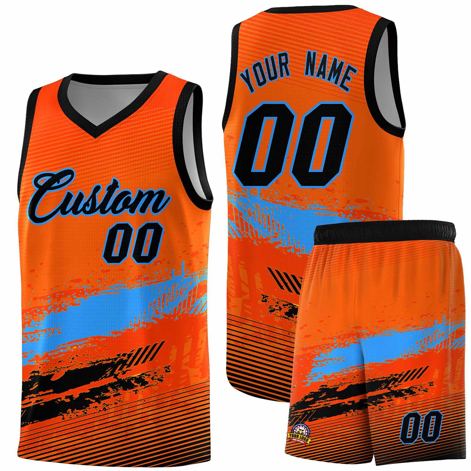 Custom Orange Powder Blue and Black Graffiti Pattern Sports Uniform Basketball Jersey