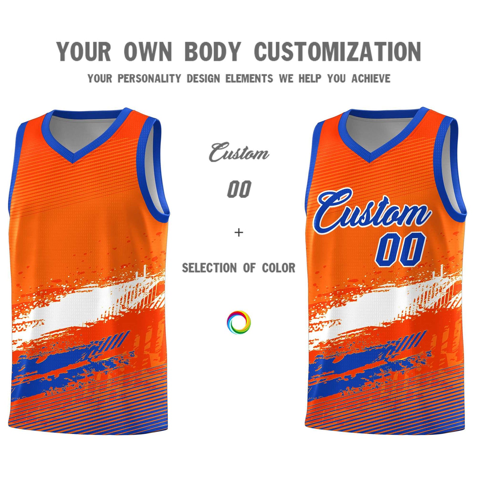 Custom Orange White and Royal Graffiti Pattern Sports Uniform Basketball Jersey