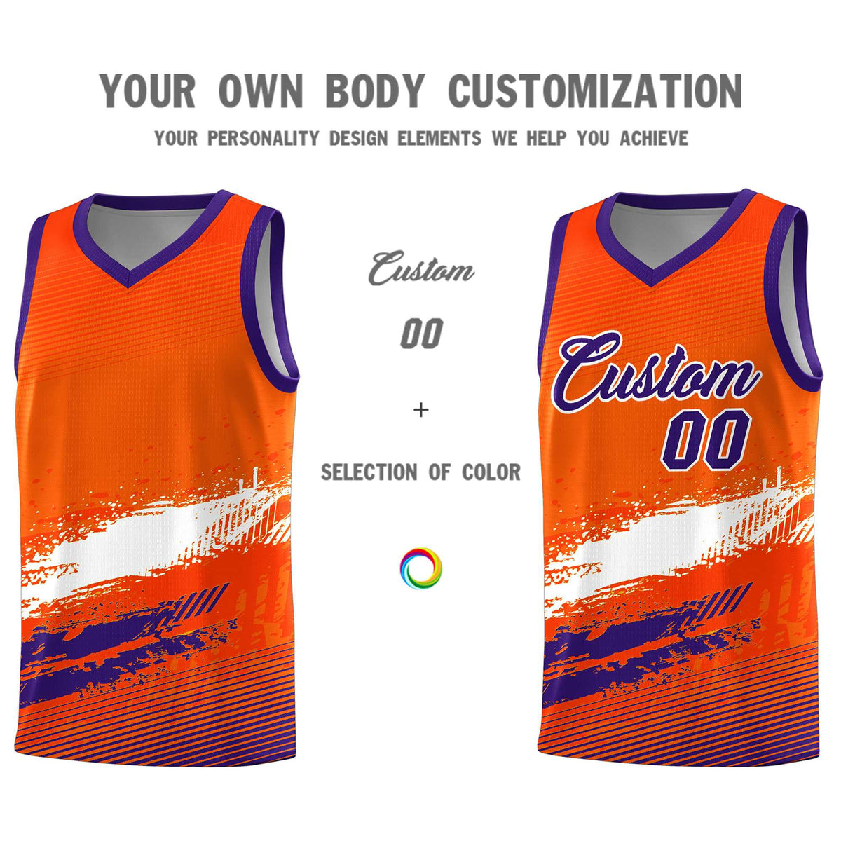 Custom Orange White and Purple Graffiti Pattern Sports Uniform Basketball Jersey