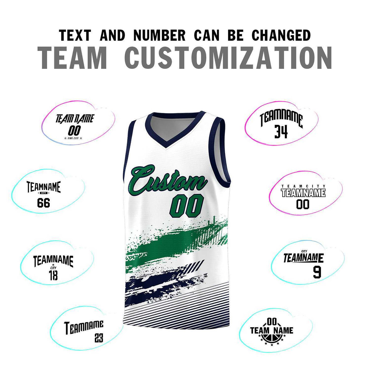 Custom White Kelly Green and Navy Graffiti Pattern Sports Uniform Basketball Jersey