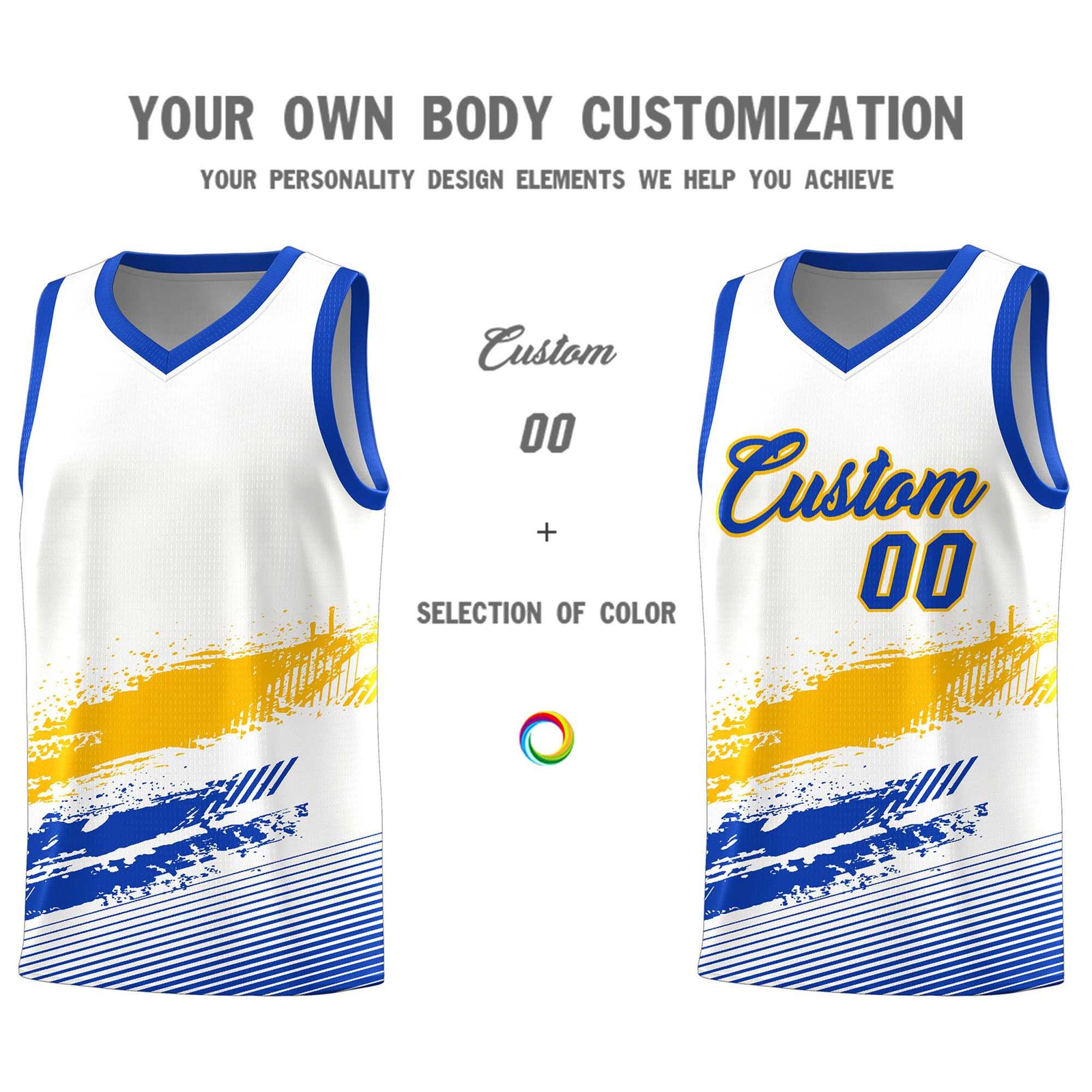 Custom White Yellow and Royal Graffiti Pattern Sports Uniform Basketball Jersey