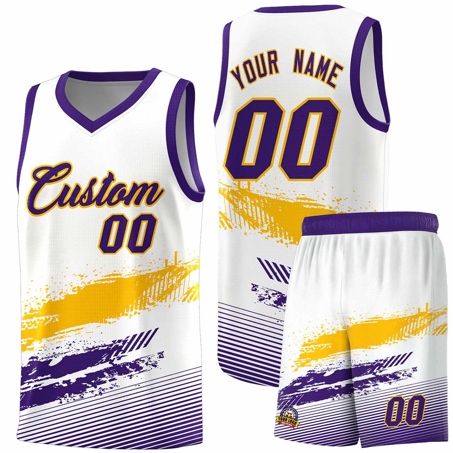 Custom White Yellow and Purple Graffiti Pattern Sports Uniform Basketball Jersey