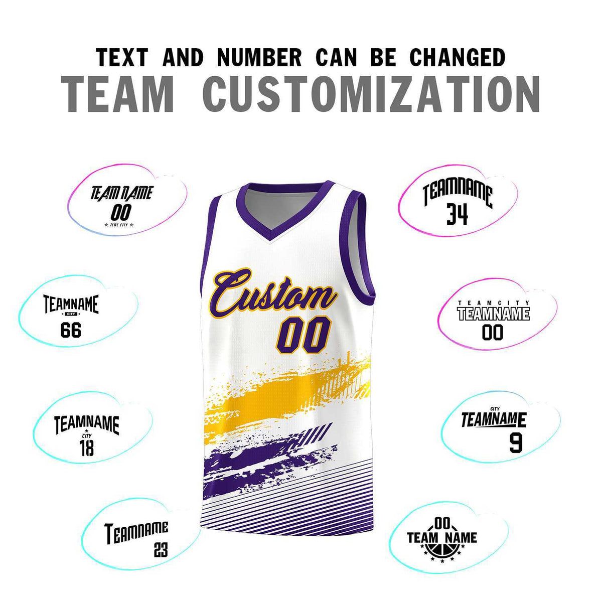 Custom White Yellow and Purple Graffiti Pattern Sports Uniform Basketball Jersey