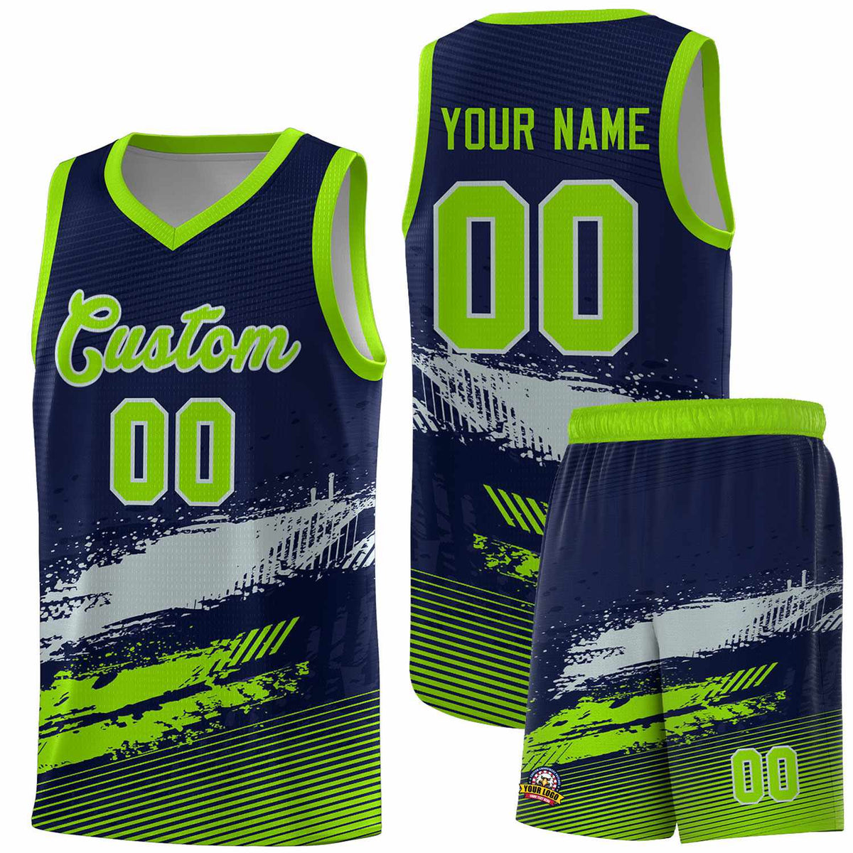 Custom Navy Gray and Neon Green Graffiti Pattern Sports Uniform Basketball Jersey