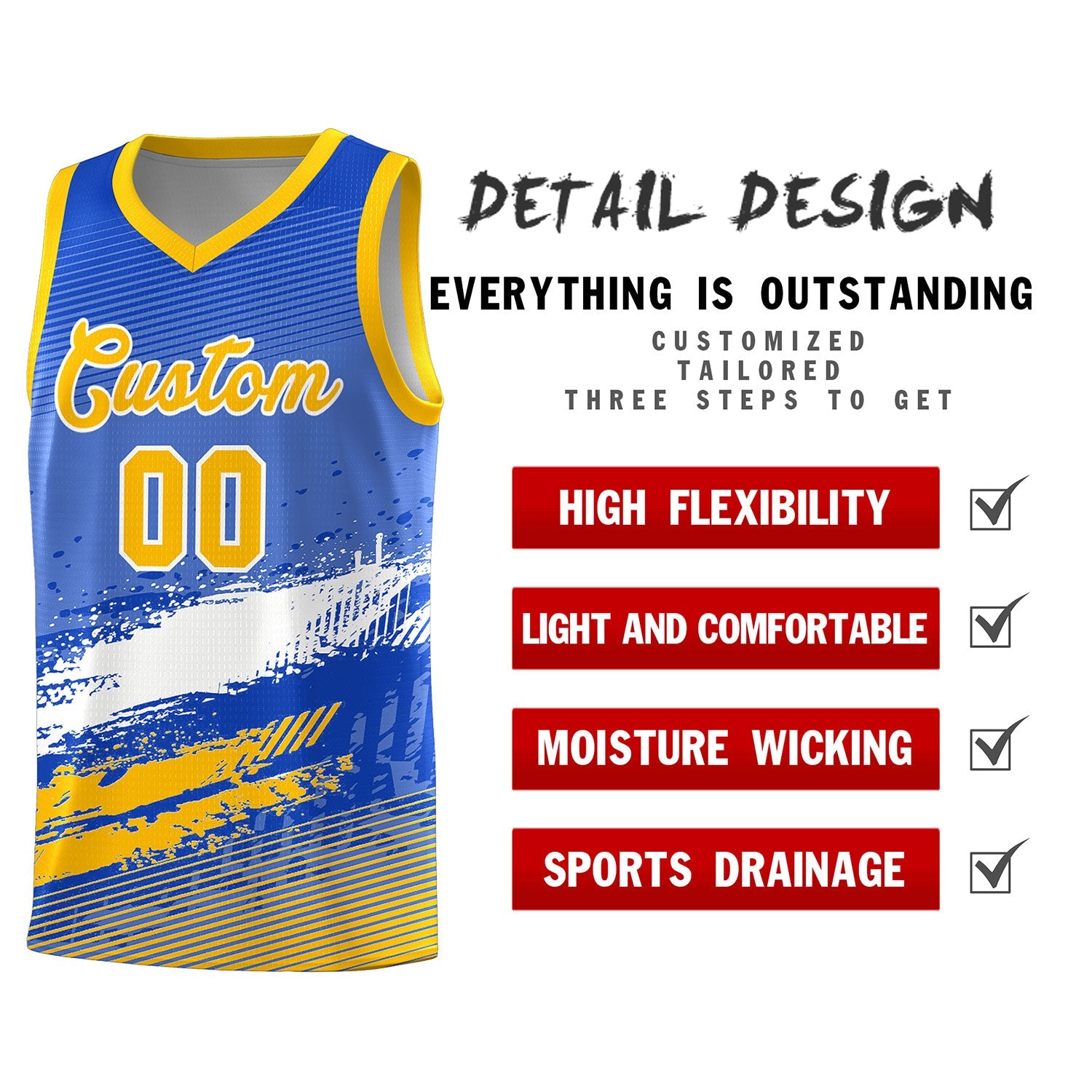 Custom Royal White and Yellow Graffiti Pattern Sports Uniform Basketball Jersey