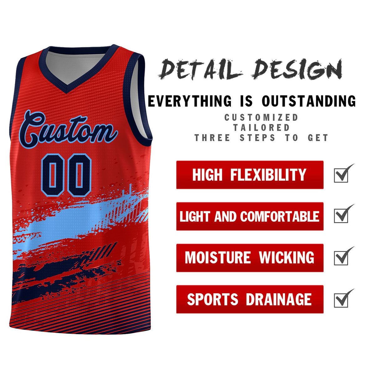 Custom Red Powder Blue and Navy Graffiti Pattern Sports Uniform Basketball Jersey