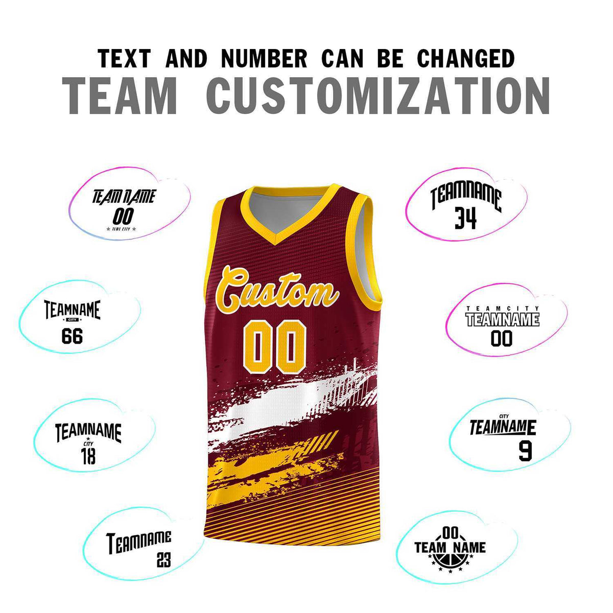 Custom Crimson White and Yellow Graffiti Pattern Sports Uniform Basketball Jersey
