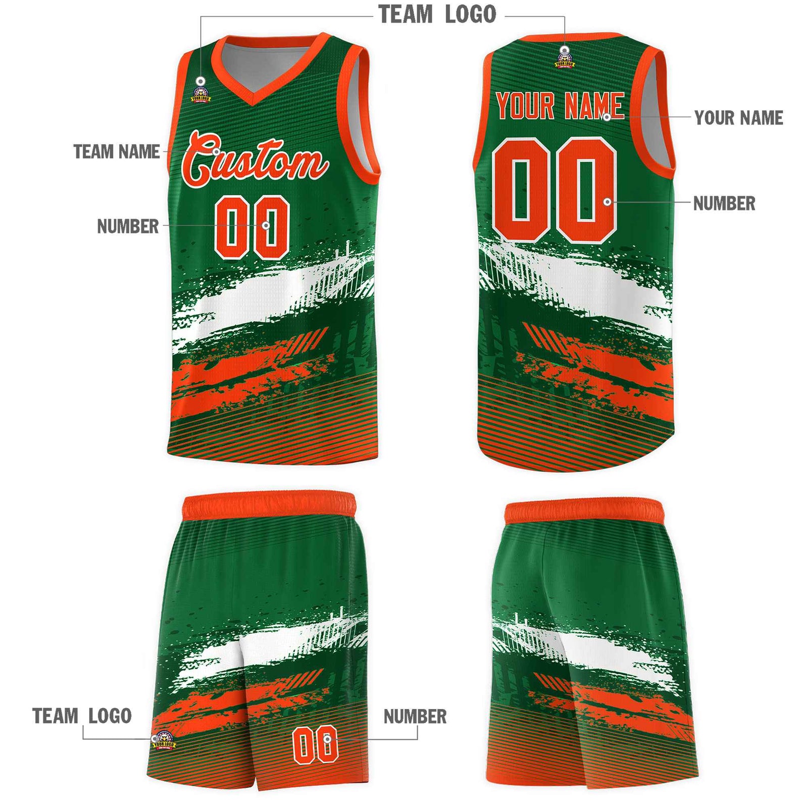 Custom Kelly Green White and Orange Graffiti Pattern Sports Uniform Basketball Jersey