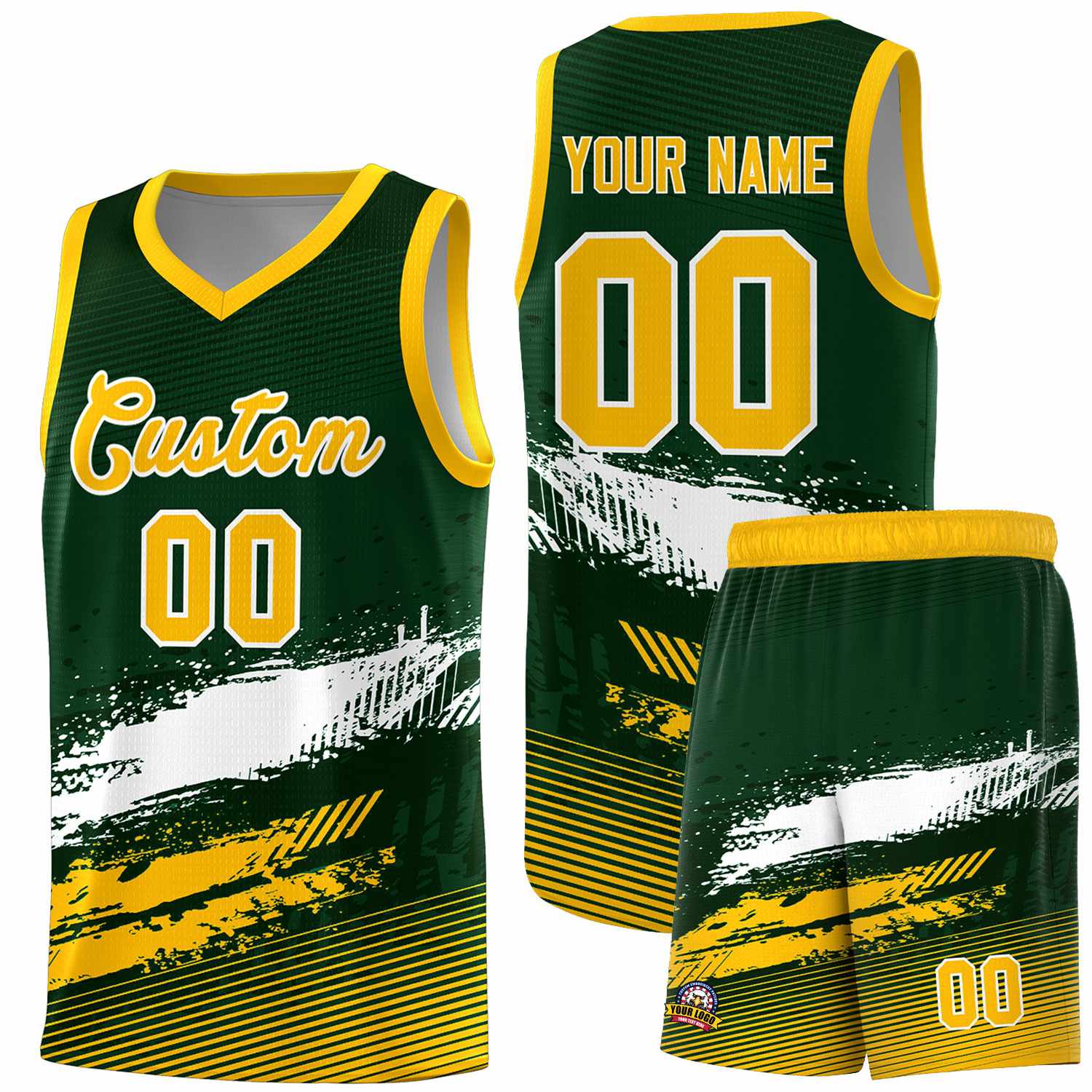 Custom Green White and Yellow Graffiti Pattern Sports Uniform Basketball Jersey