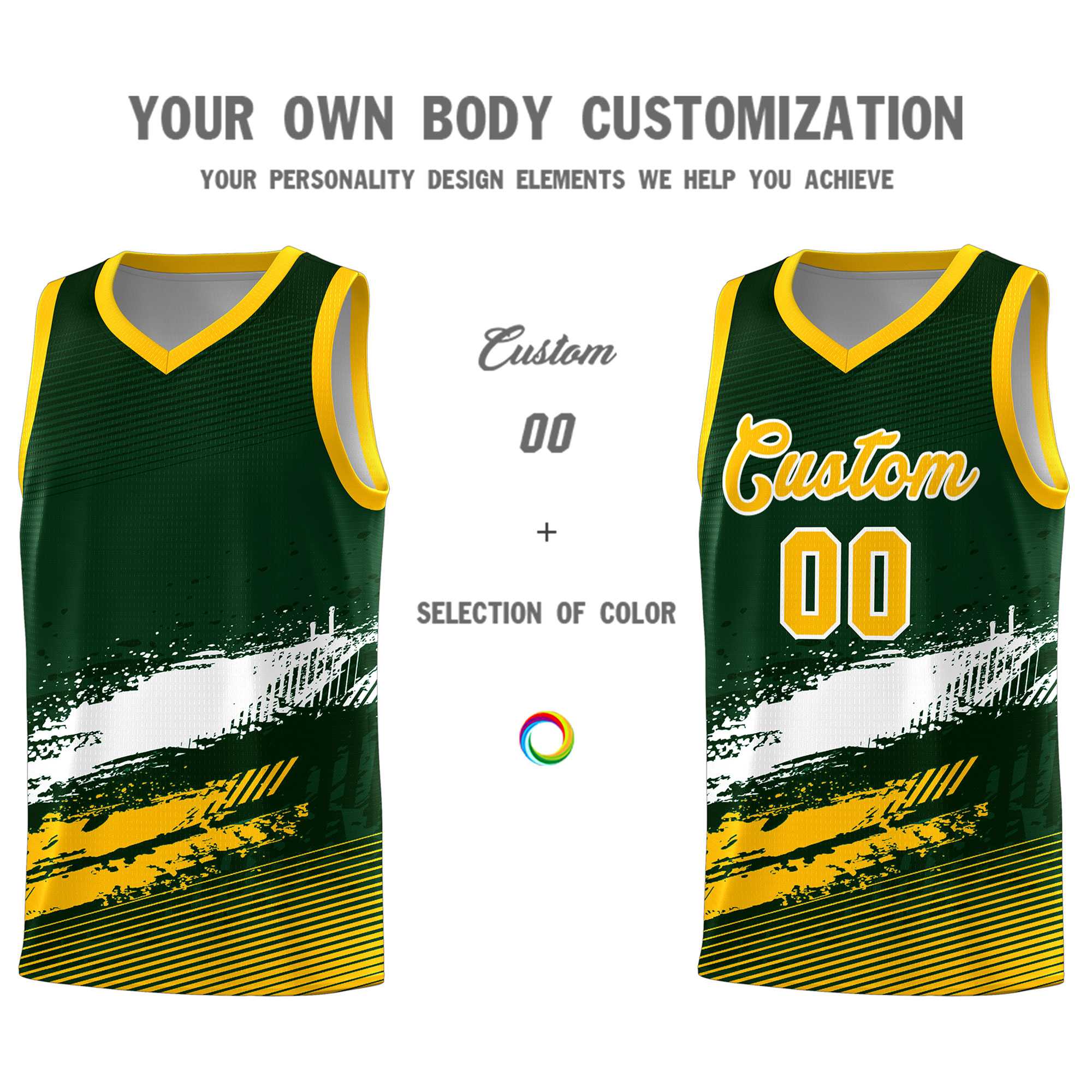 Custom Green White and Yellow Graffiti Pattern Sports Uniform Basketball Jersey