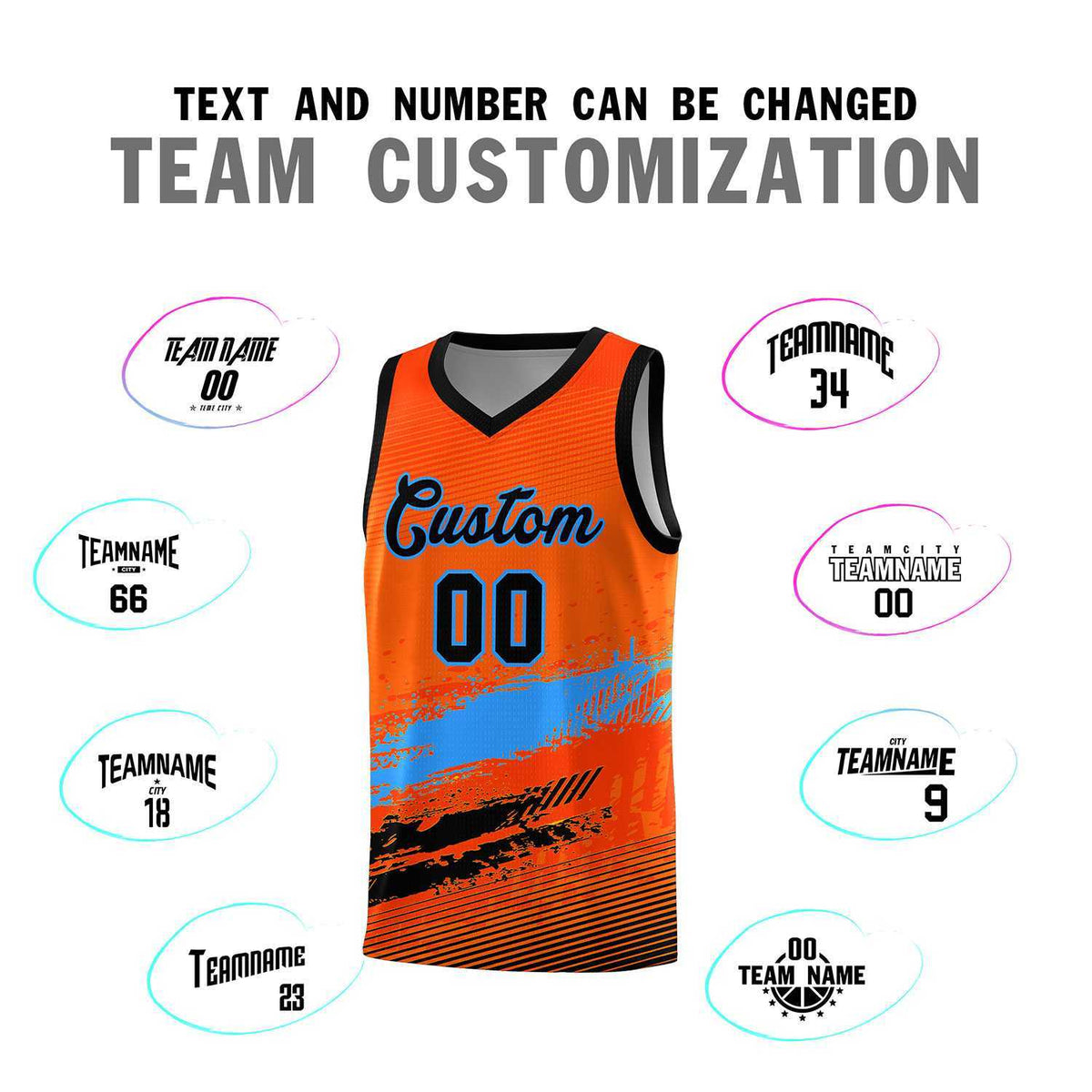 Custom Orange Powder Blue and Black Graffiti Pattern Sports Uniform Basketball Jersey