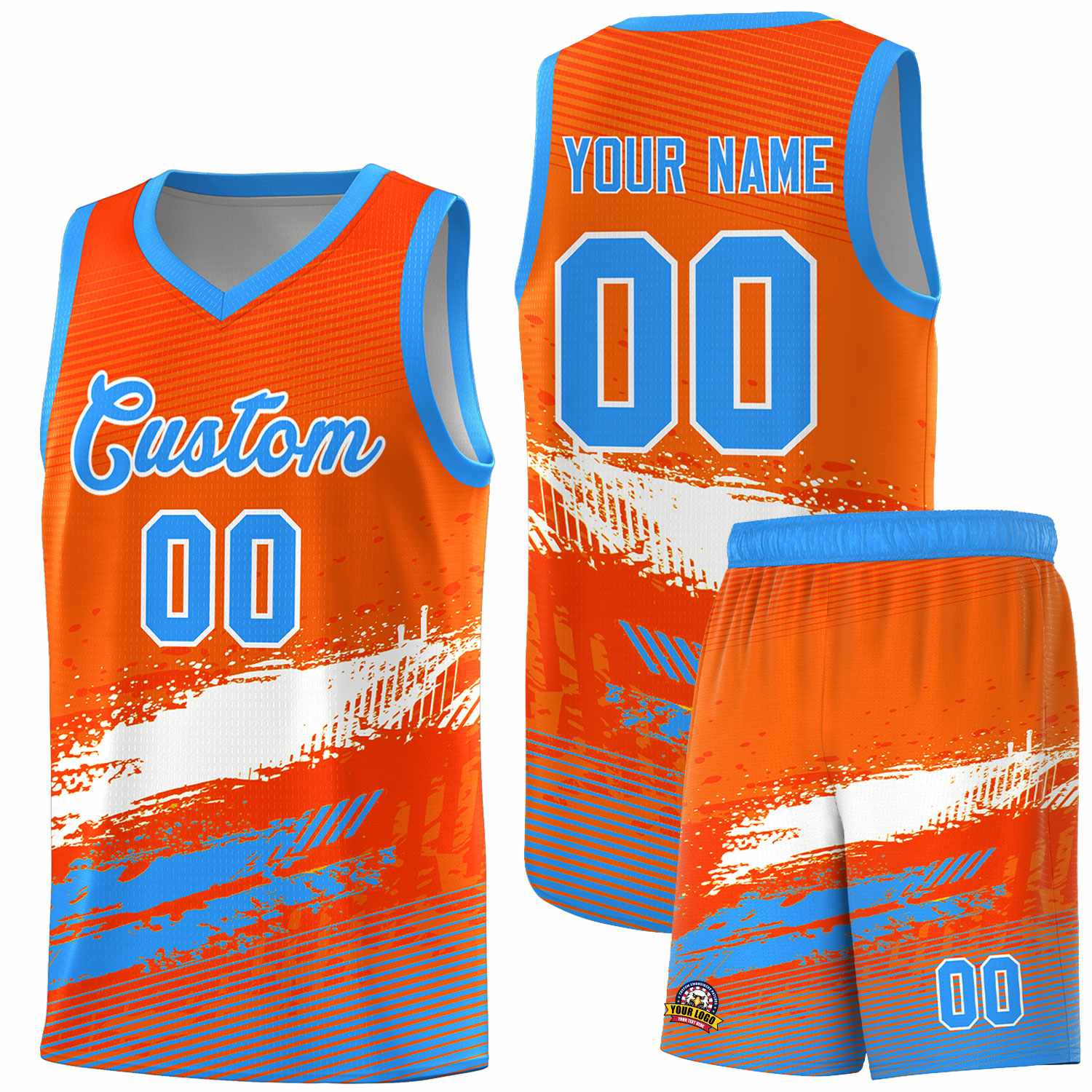 Custom Orange White and Powder Blue Graffiti Pattern Sports Uniform Basketball Jersey