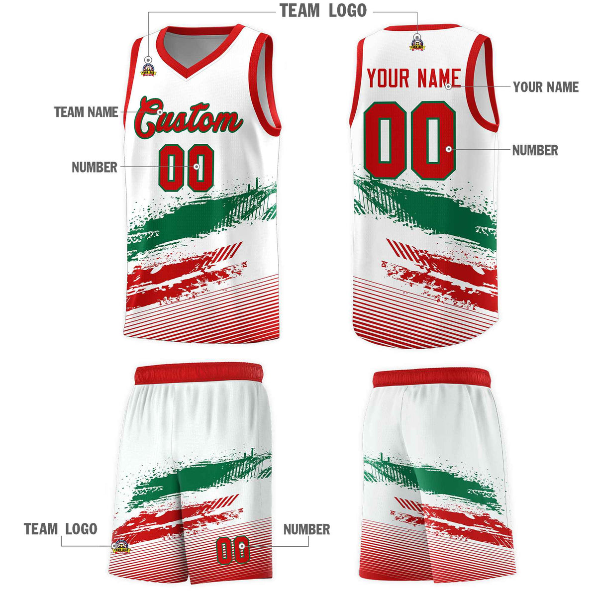 Custom White Kelly Green and Red Graffiti Pattern Sports Uniform Basketball Jersey