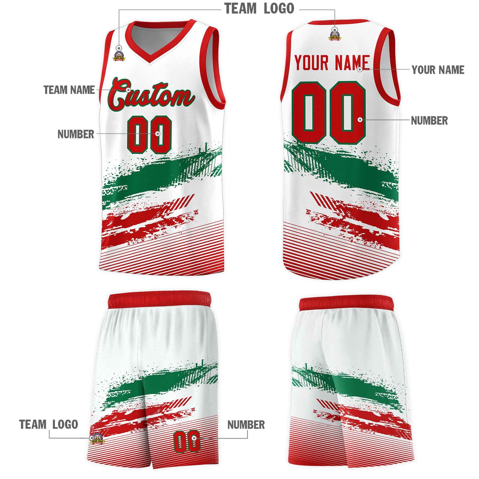 Custom White Kelly Green and Red Graffiti Pattern Sports Uniform Basketball Jersey