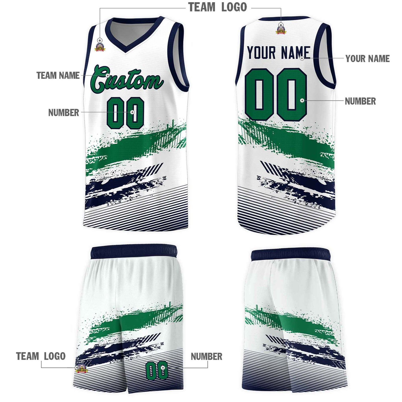 Custom White Kelly Green and Navy Graffiti Pattern Sports Uniform Basketball Jersey