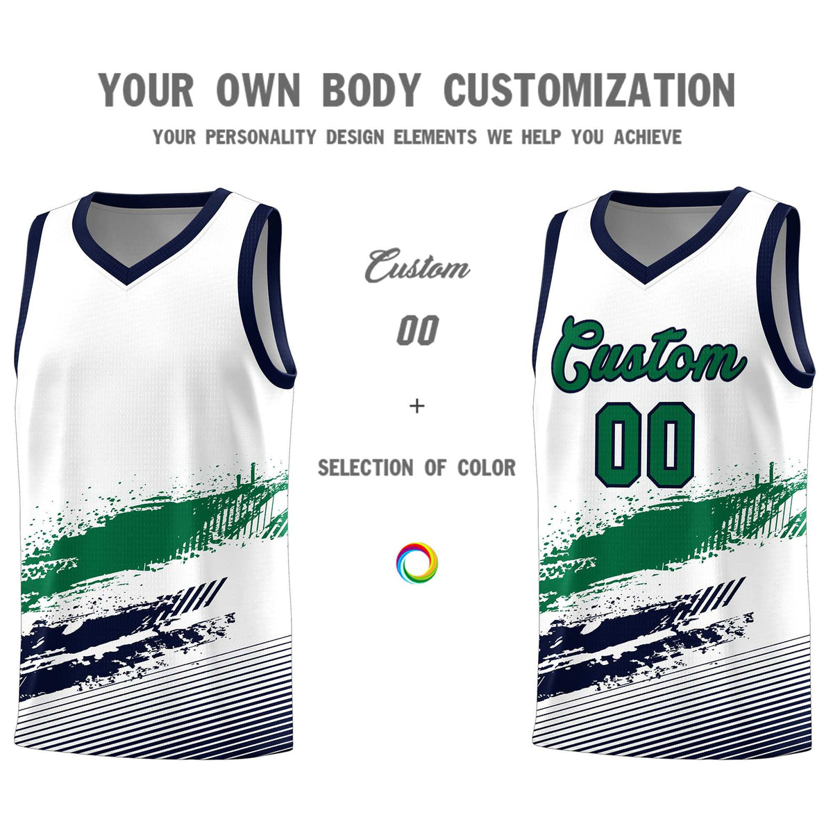 Custom White Kelly Green and Navy Graffiti Pattern Sports Uniform Basketball Jersey