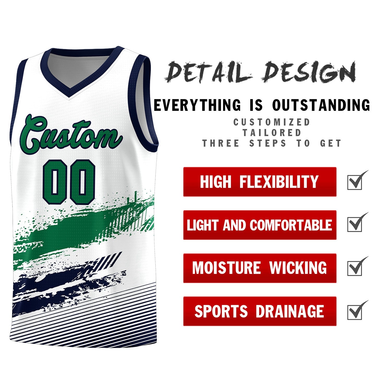 Custom White Kelly Green and Navy Graffiti Pattern Sports Uniform Basketball Jersey