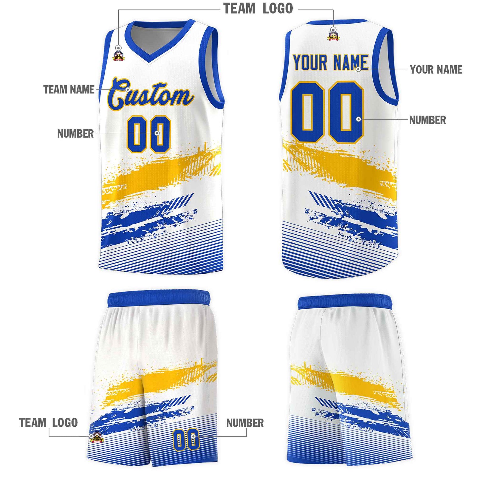 Custom White Yellow and Royal Graffiti Pattern Sports Uniform Basketball Jersey