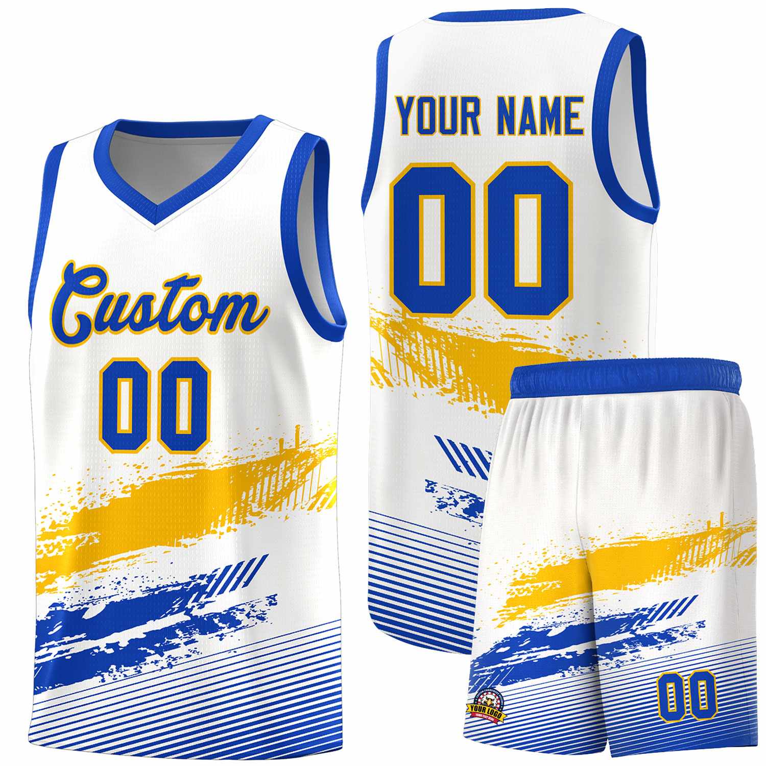 Custom White Yellow and Royal Graffiti Pattern Sports Uniform Basketball Jersey