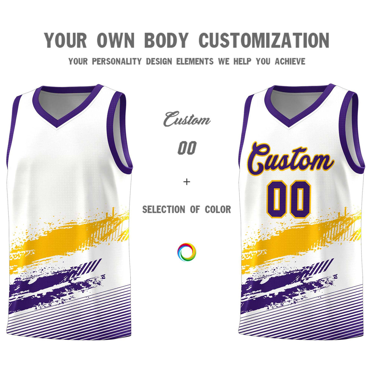 Custom White Yellow and Purple Graffiti Pattern Sports Uniform Basketball Jersey