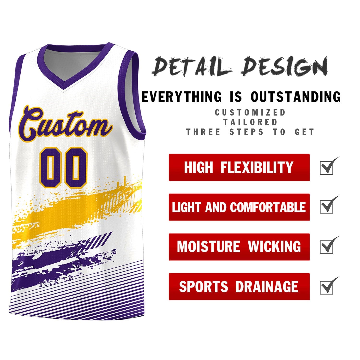 Custom White Yellow and Purple Graffiti Pattern Sports Uniform Basketball Jersey