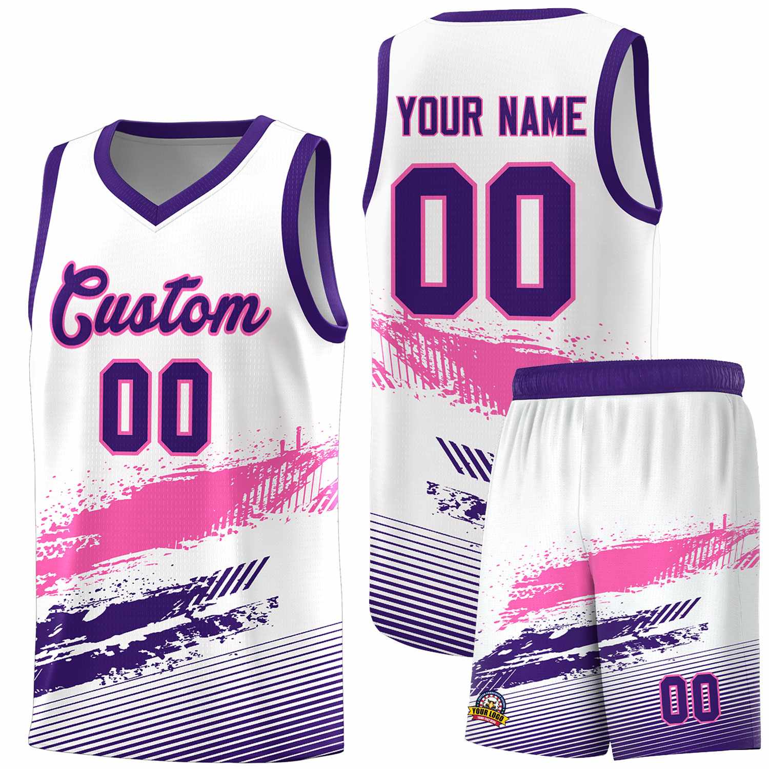 Custom White Pink and Purple Graffiti Pattern Sports Uniform Basketball Jersey