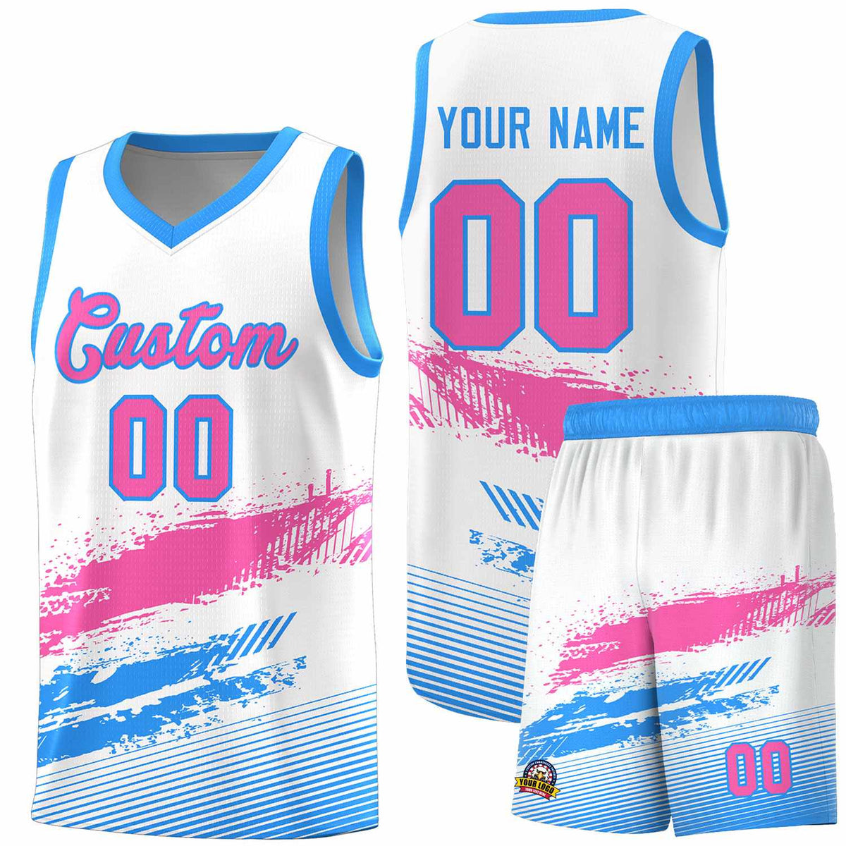Custom White Pink and Powder Blue Graffiti Pattern Sports Uniform Basketball Jersey
