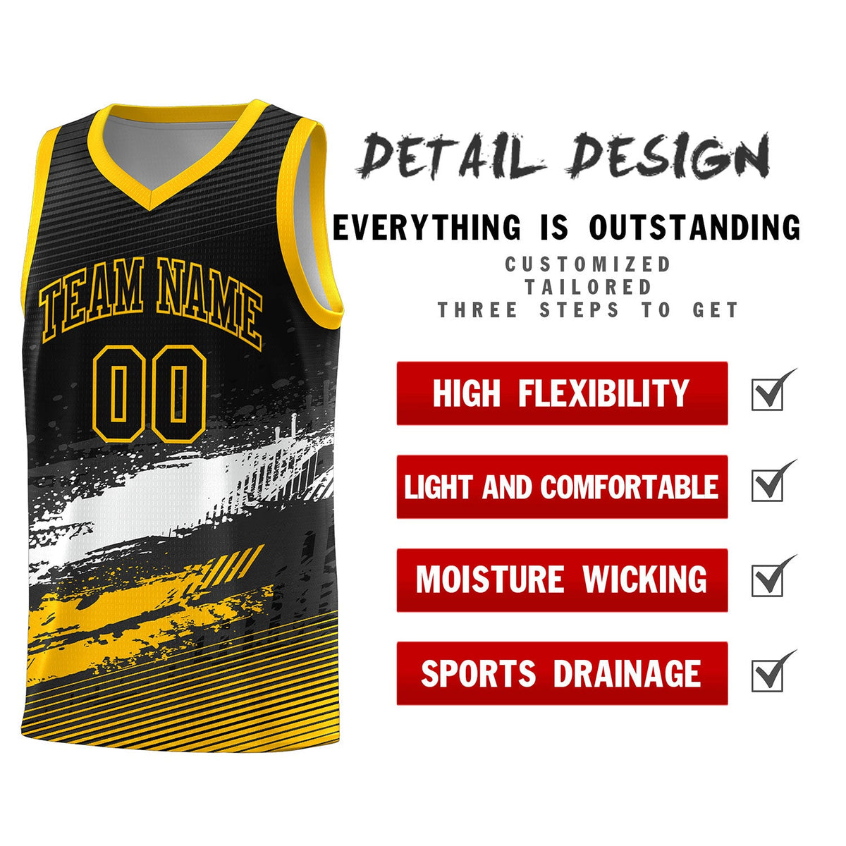 Custom Black White and Yellow Graffiti Pattern Sports Uniform Basketball Jersey