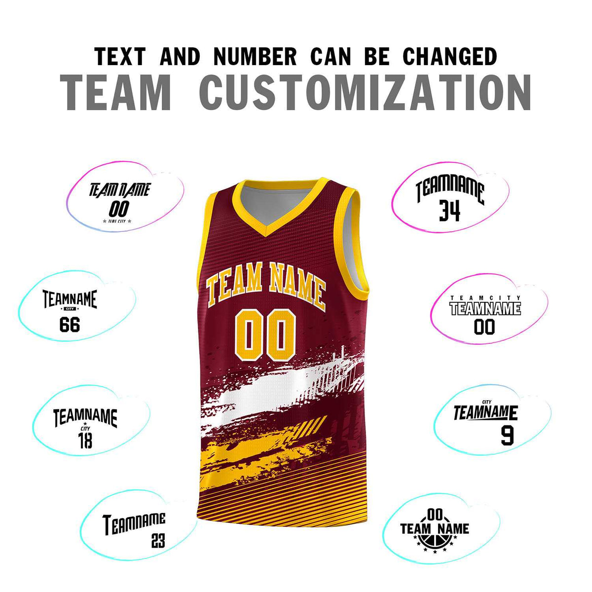 Custom Crimson White and Yellow Graffiti Pattern Sports Uniform Basketball Jersey