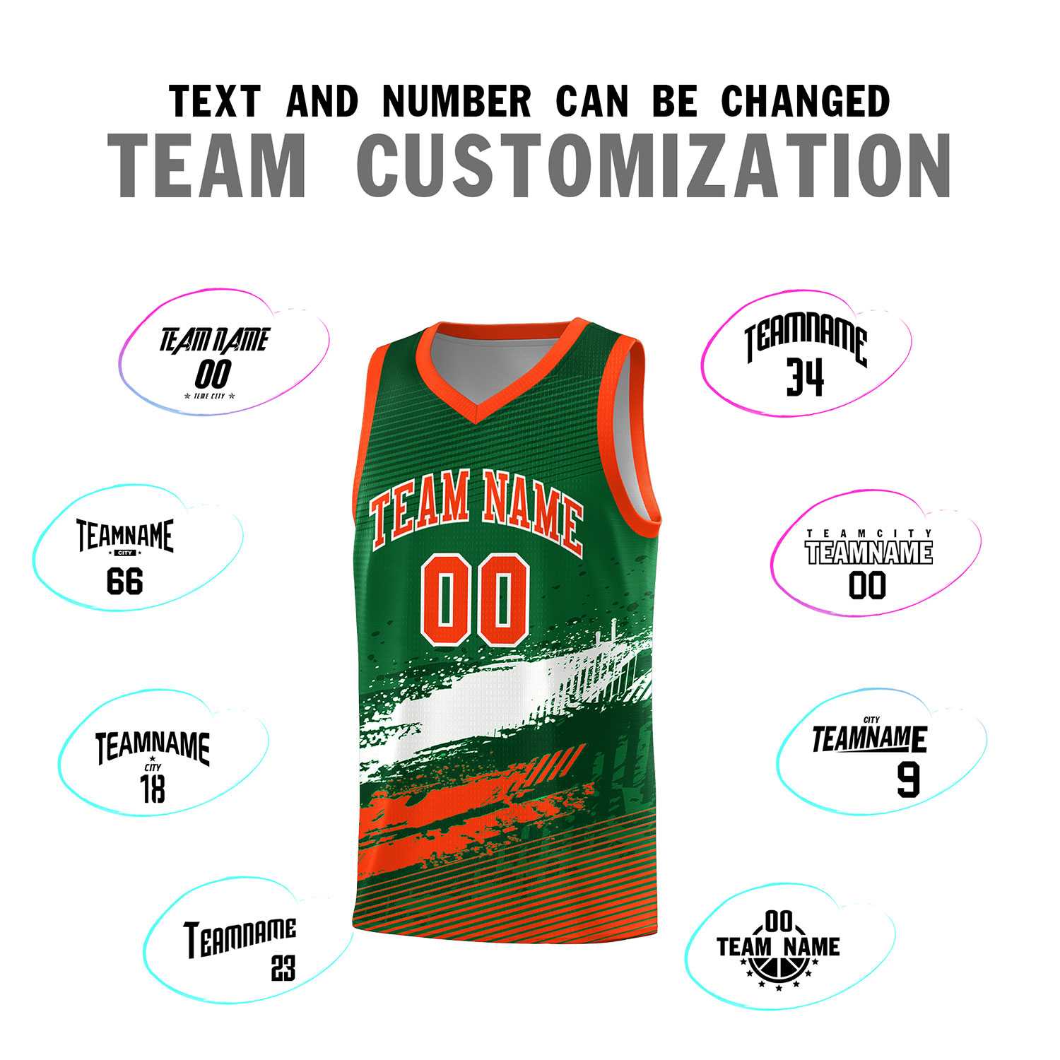 Custom Kelly Green White and Orange Graffiti Pattern Sports Uniform Basketball Jersey