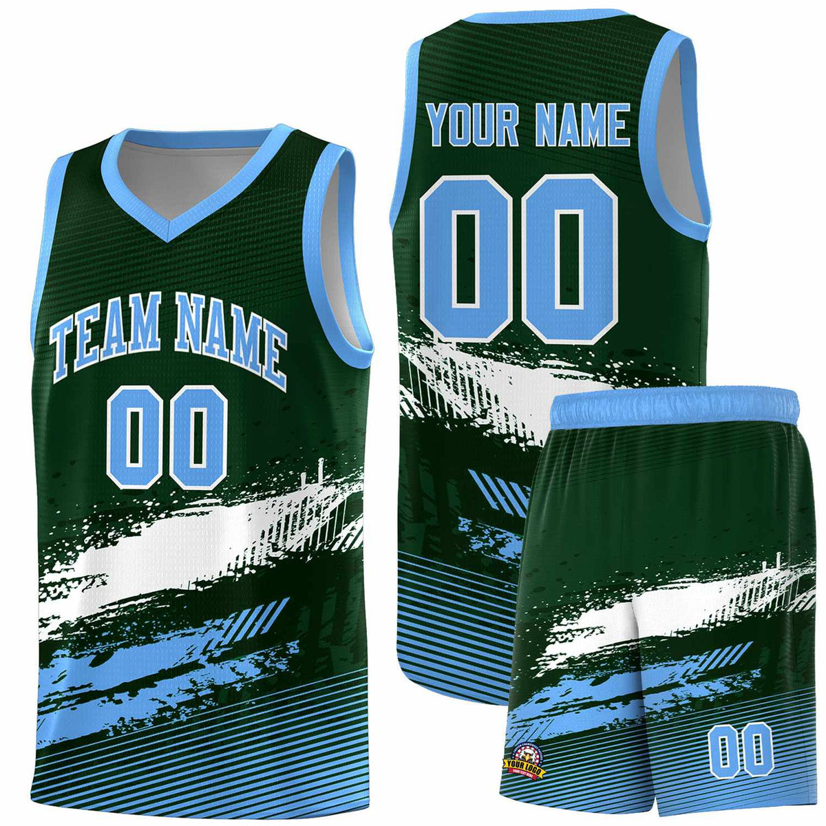 Custom Green White and Powder Blue Graffiti Pattern Sports Uniform Basketball Jersey