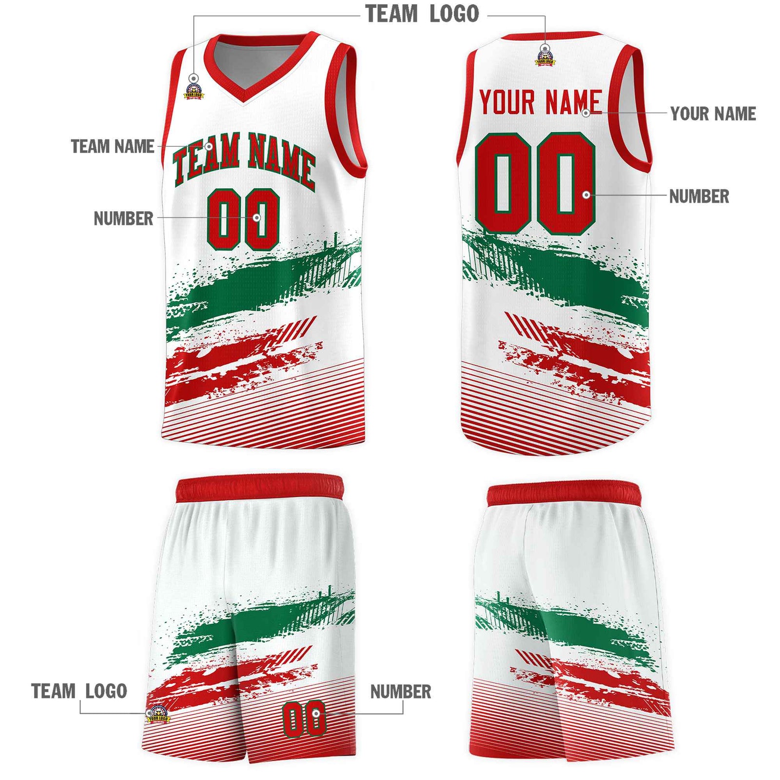 Custom White Kelly Green and Red Graffiti Pattern Sports Uniform Basketball Jersey