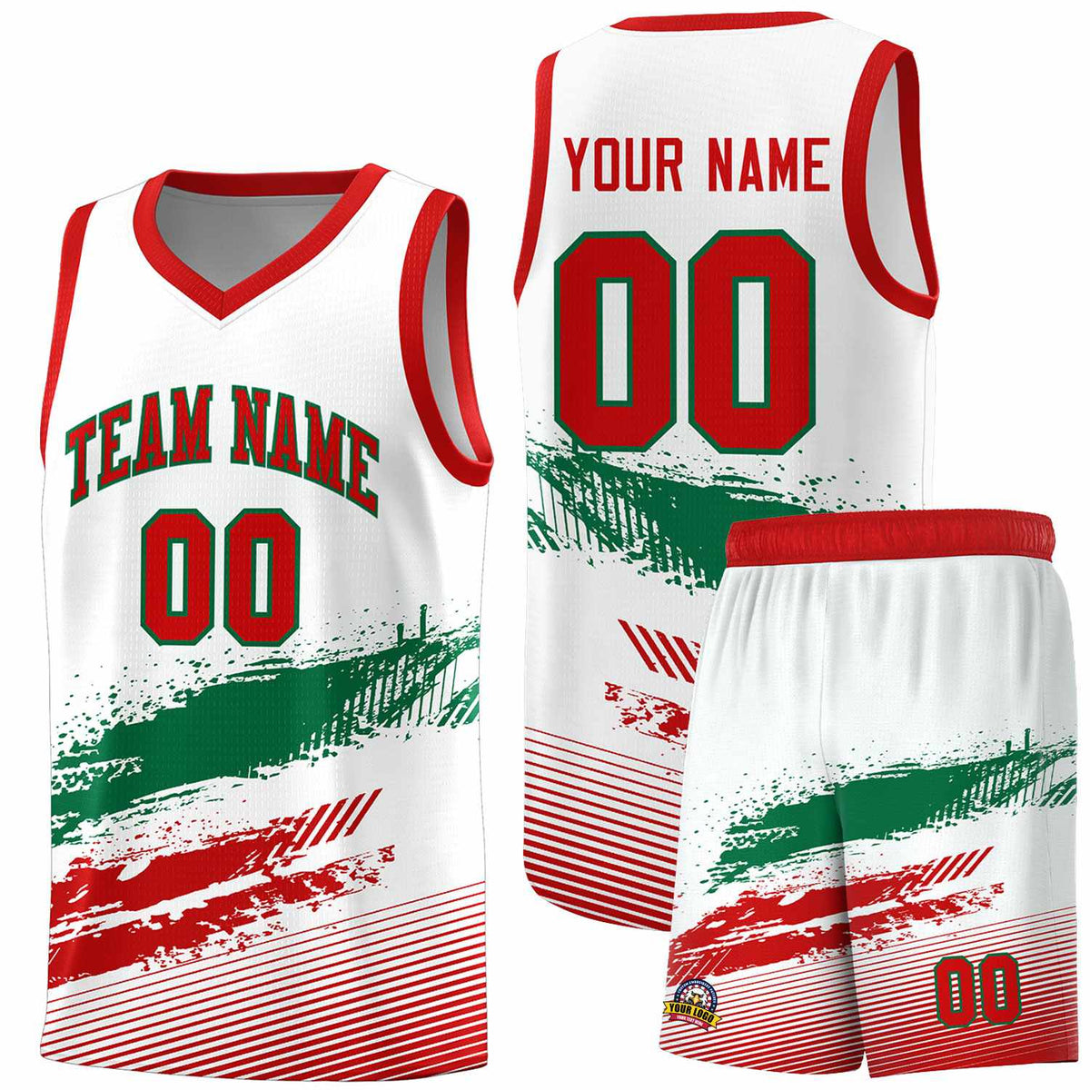 Custom White Kelly Green and Red Graffiti Pattern Sports Uniform Basketball Jersey