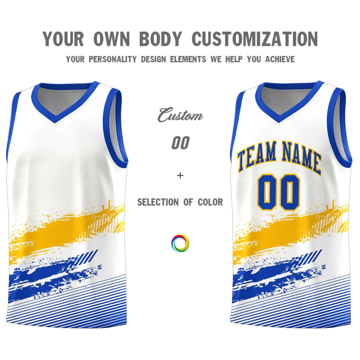 Custom White Yellow and Royal Graffiti Pattern Sports Uniform Basketball Jersey