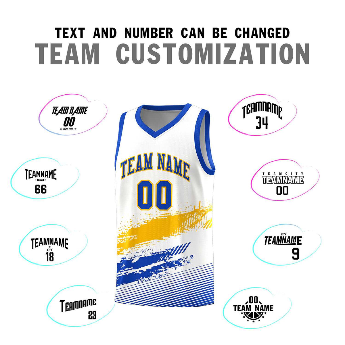 Custom White Yellow and Royal Graffiti Pattern Sports Uniform Basketball Jersey