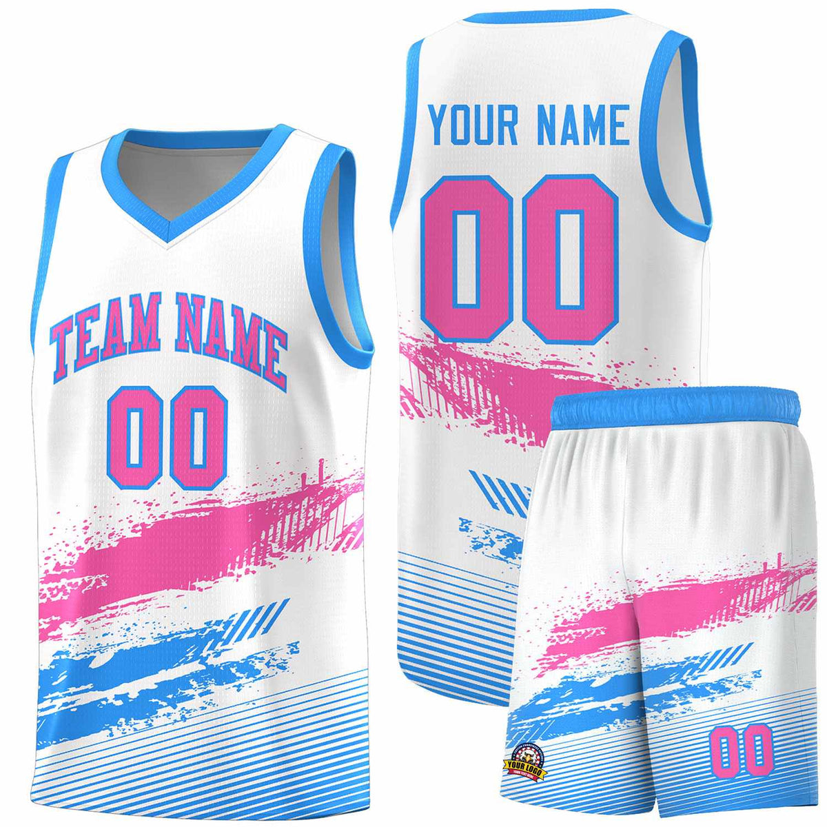 Custom White Pink and Powder Blue Graffiti Pattern Sports Uniform Basketball Jersey