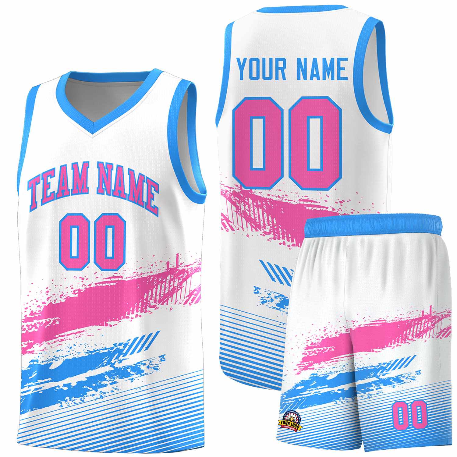 Custom White Pink and Powder Blue Graffiti Pattern Sports Uniform Basketball Jersey