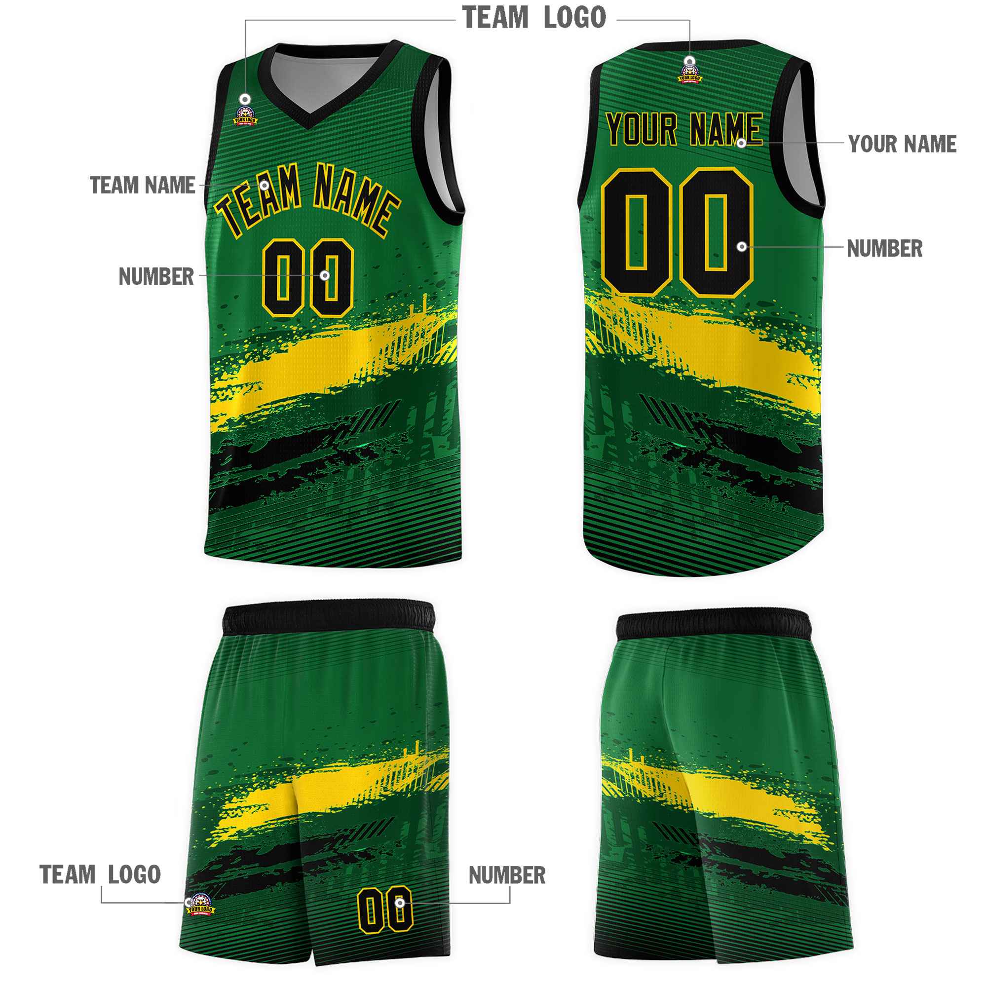 Custom Kelly Green Gold and Black Graffiti Pattern Sports Uniform Basketball Jersey