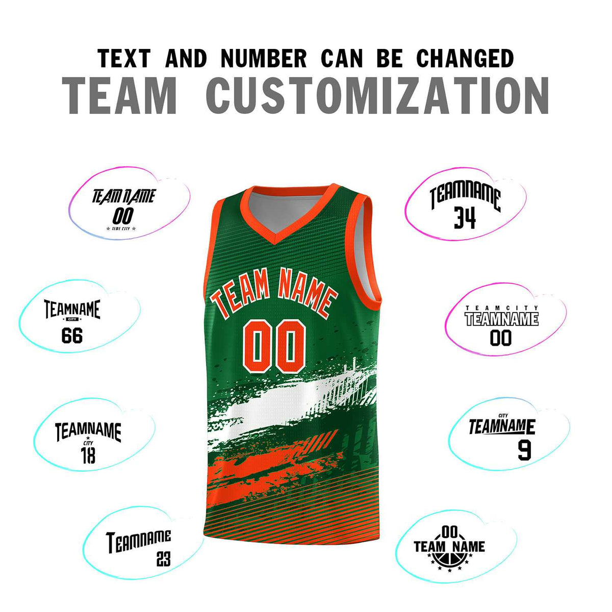 Custom Kelly Green White and Orange Graffiti Pattern Sports Uniform Basketball Jersey