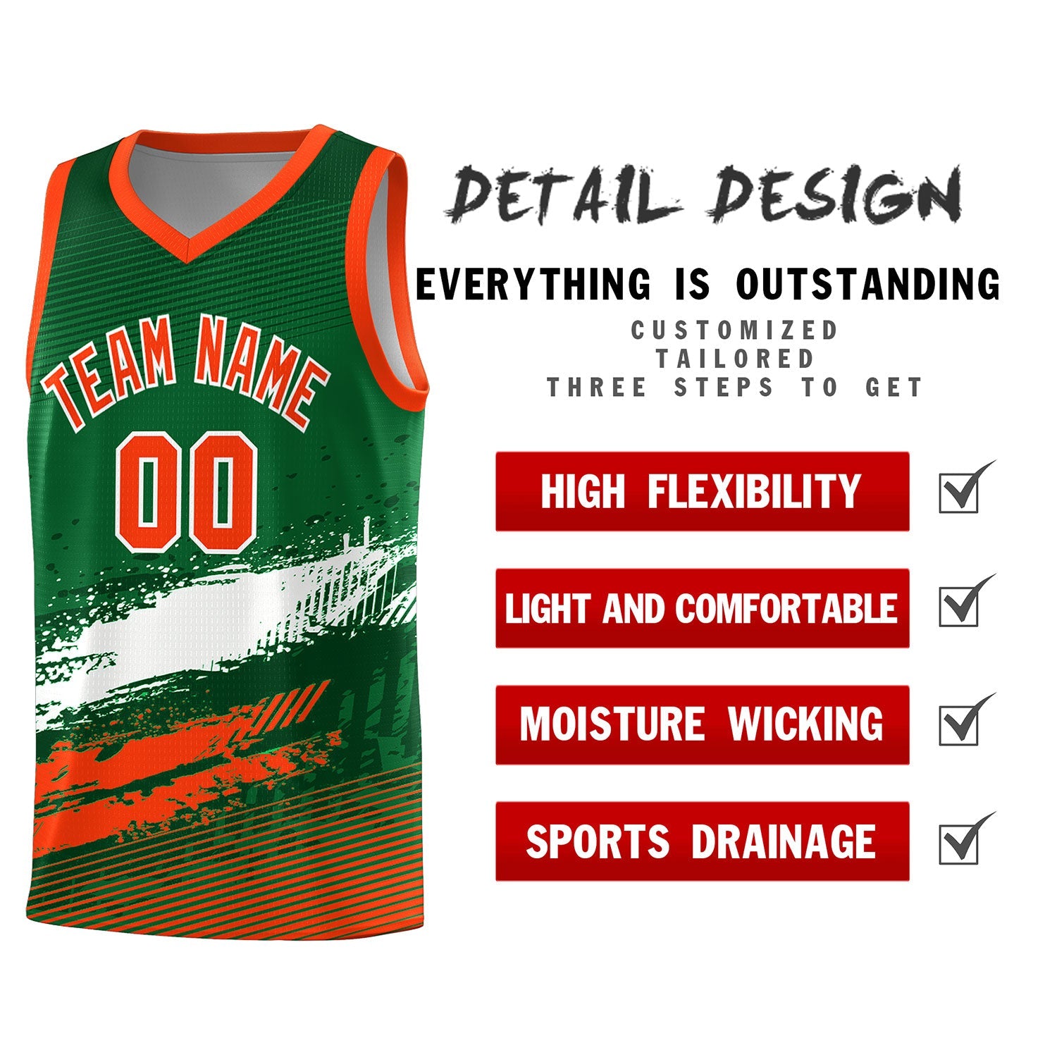 Custom Kelly Green White and Orange Graffiti Pattern Sports Uniform Basketball Jersey
