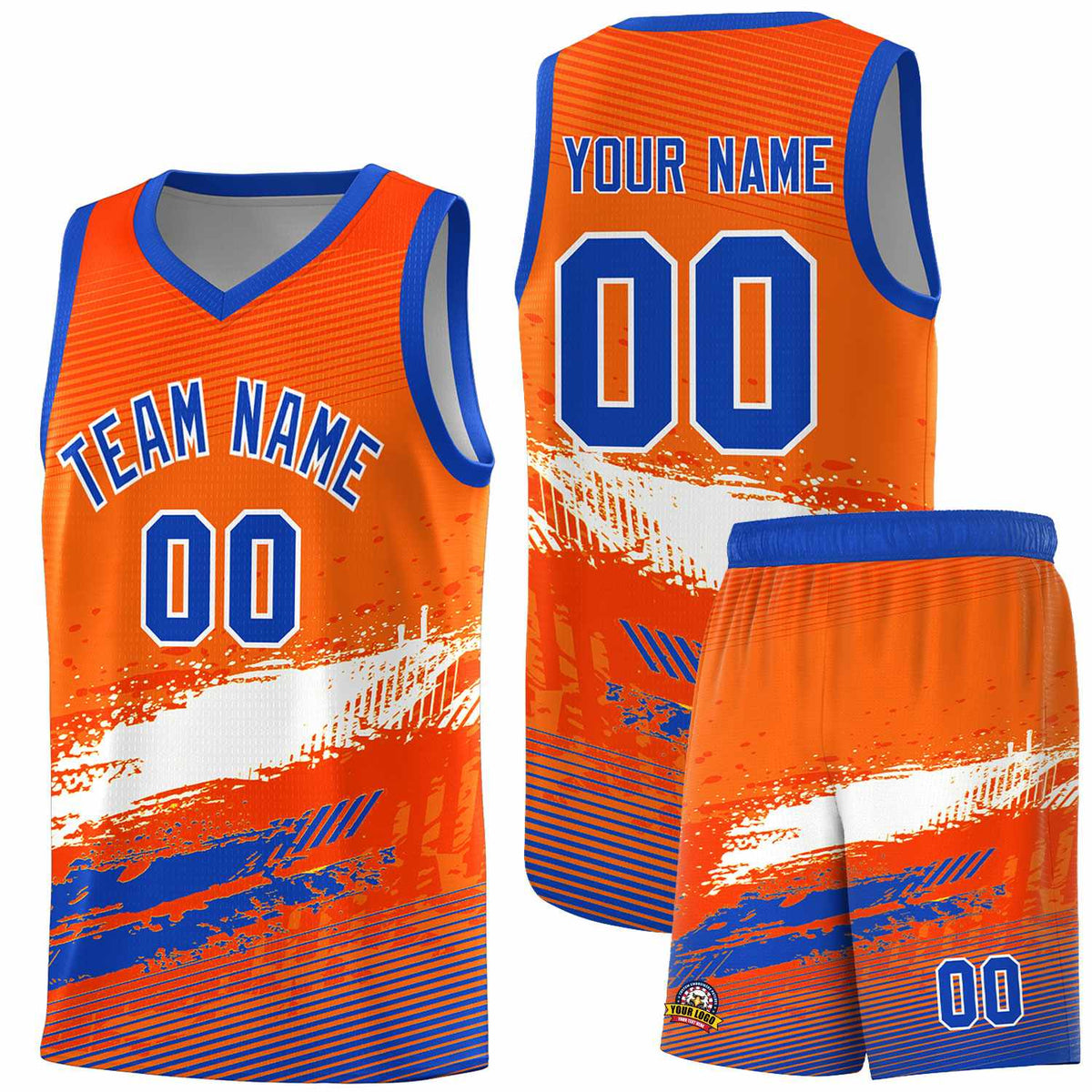 Custom Orange White and Royal Graffiti Pattern Sports Uniform Basketball Jersey