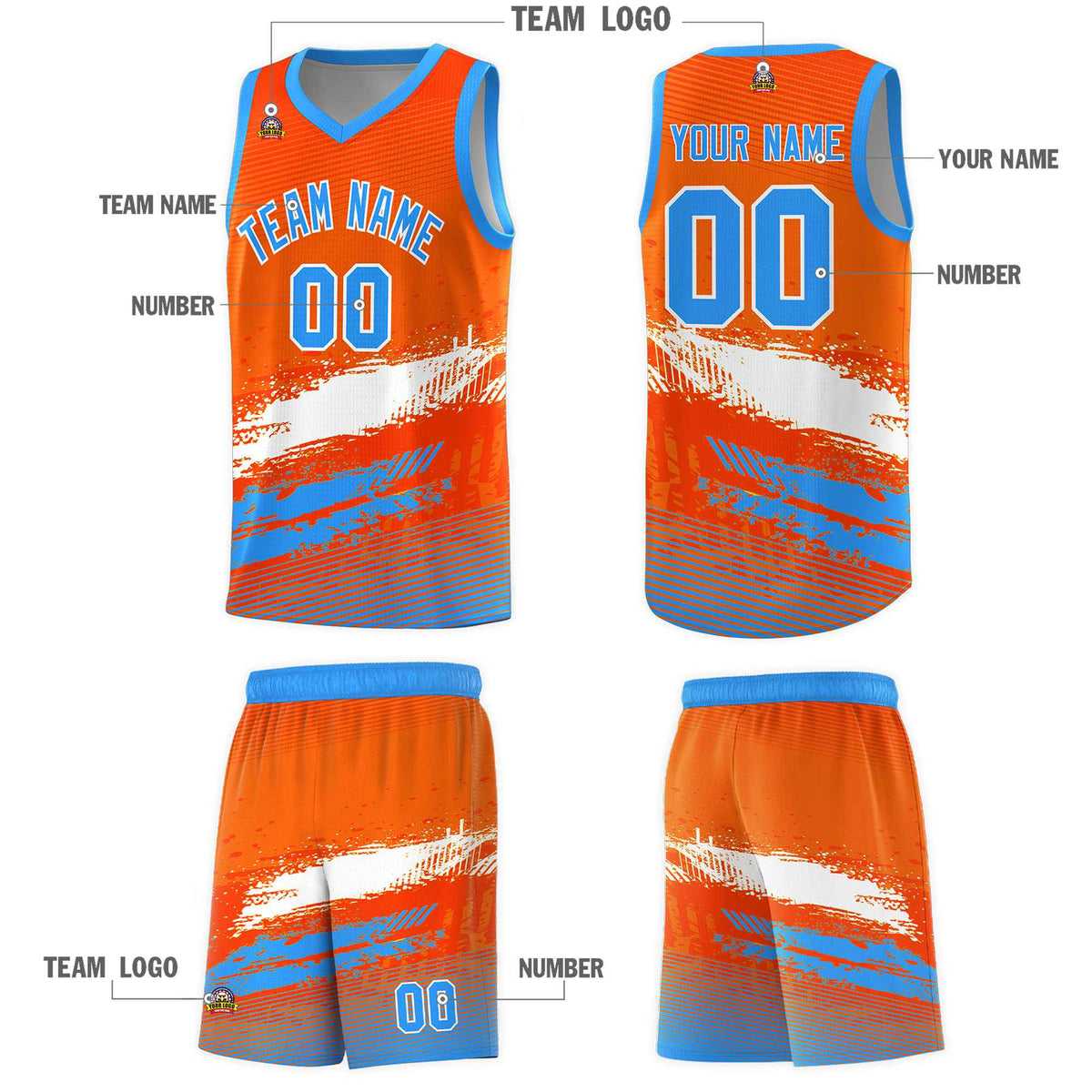 Custom Orange White and Powder Blue Graffiti Pattern Sports Uniform Basketball Jersey