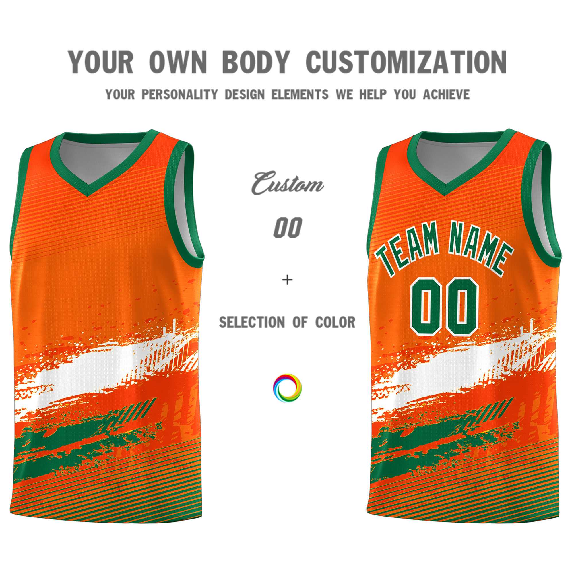 Custom Orange White and Kelly Green Graffiti Pattern Sports Uniform Basketball Jersey