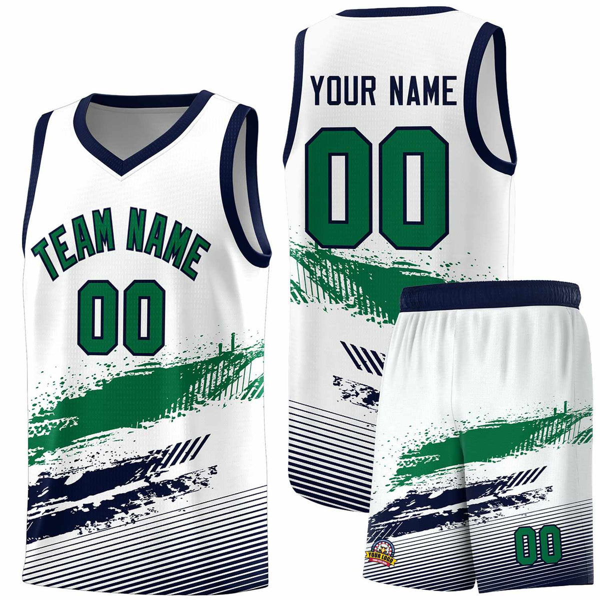 Custom White Kelly Green and Navy Graffiti Pattern Sports Uniform Basketball Jersey