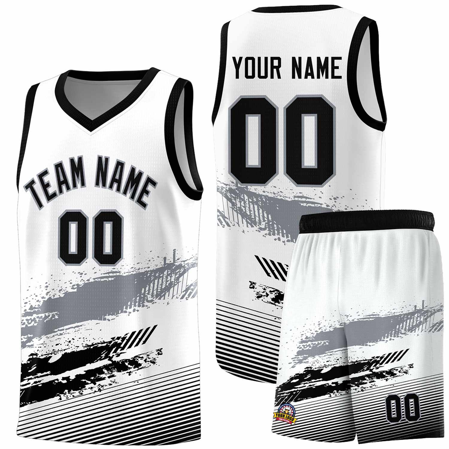 Custom White Gray and Black Graffiti Pattern Sports Uniform Basketball Jersey