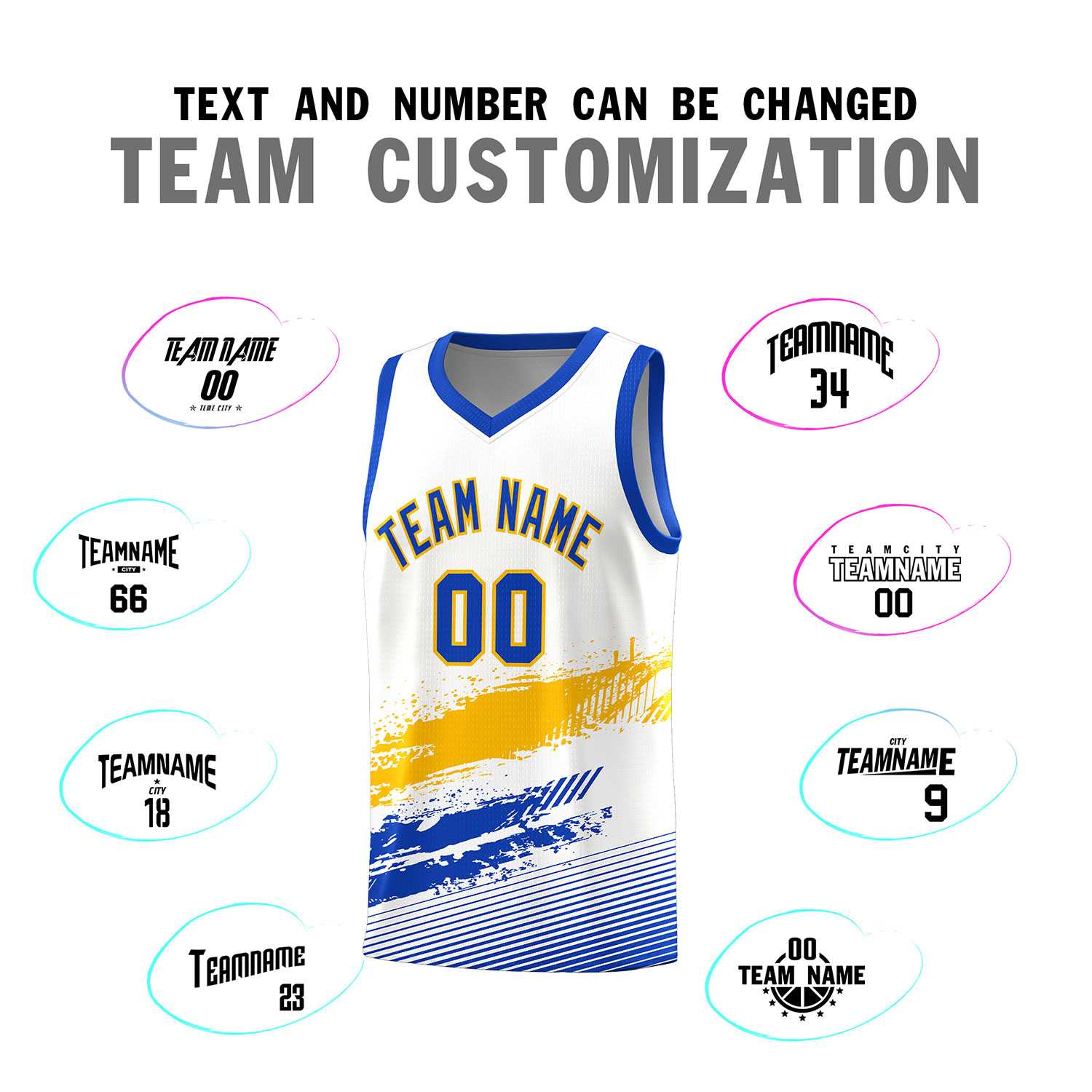 Custom White Yellow and Royal Graffiti Pattern Sports Uniform Basketball Jersey