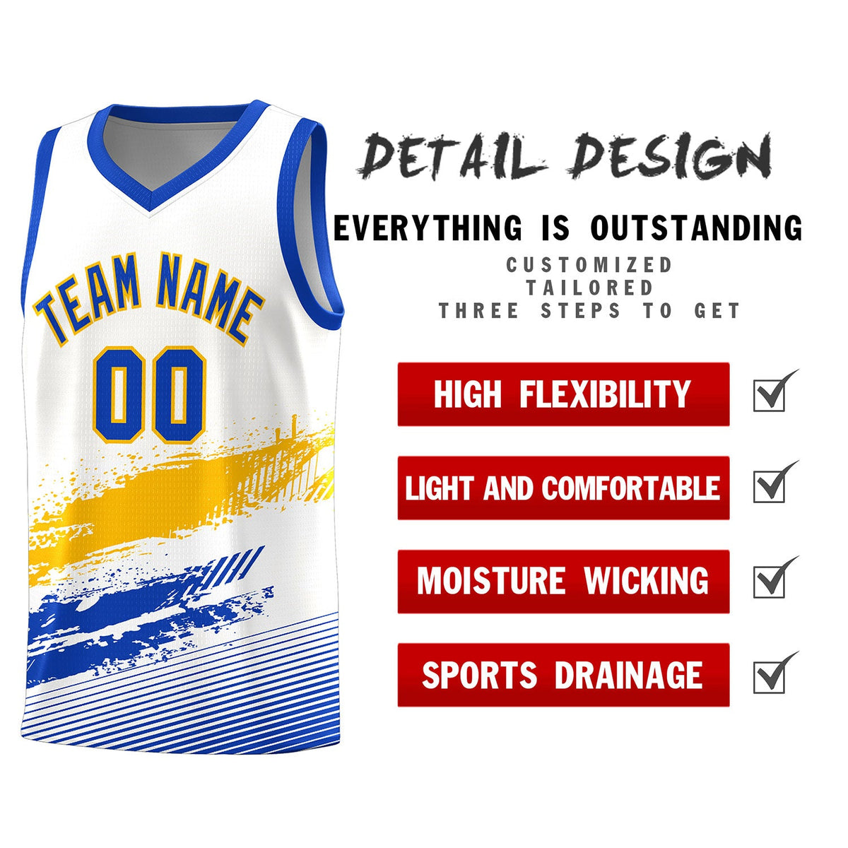 Custom White Yellow and Royal Graffiti Pattern Sports Uniform Basketball Jersey